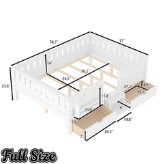Bellemave® Full Floor Bed Frame with Built-in Bookshelves and Storage Drawers,Full Size Wood Montessori Bed with Staircase Design and Rails, White