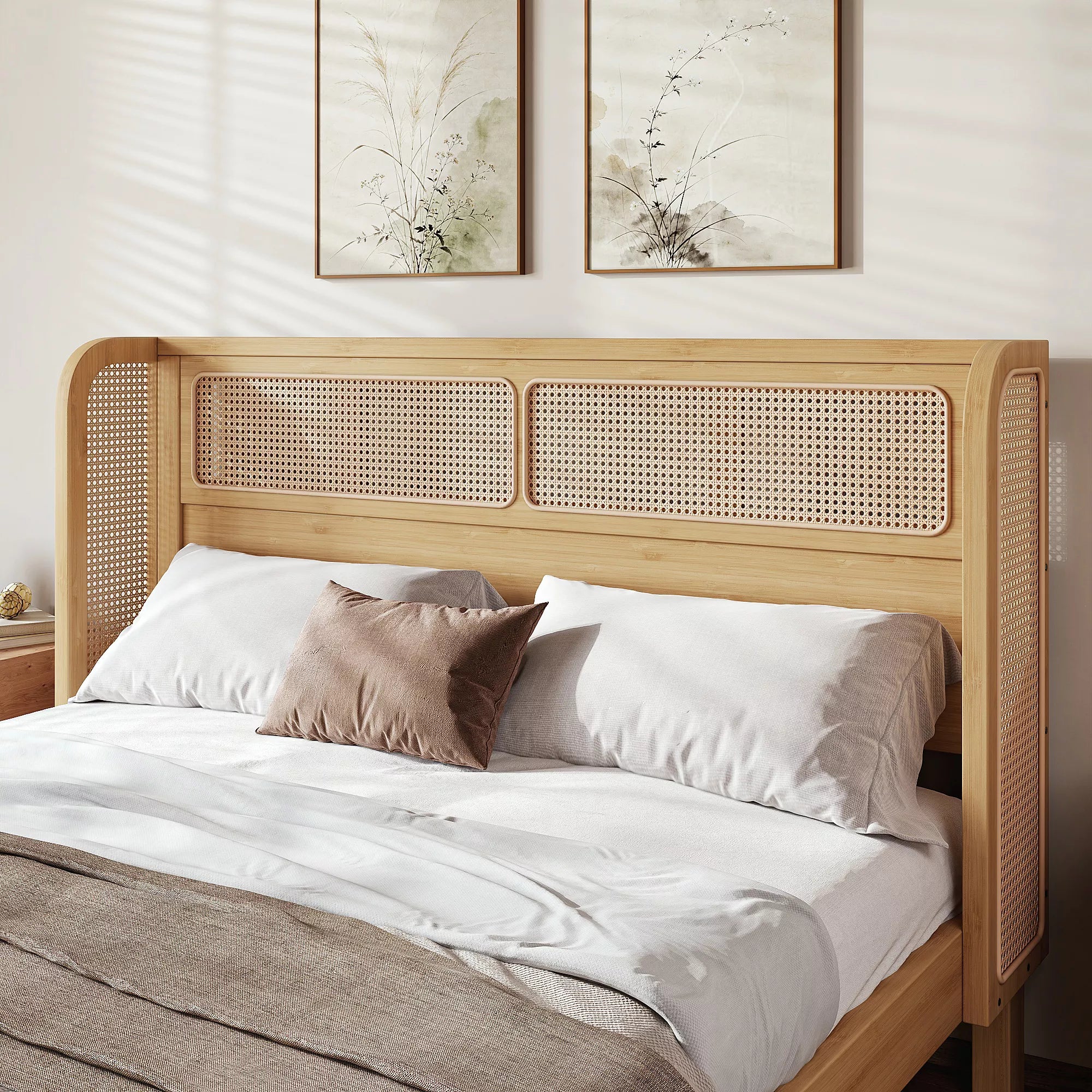queen bamboo platform bed with rattan woven headboard