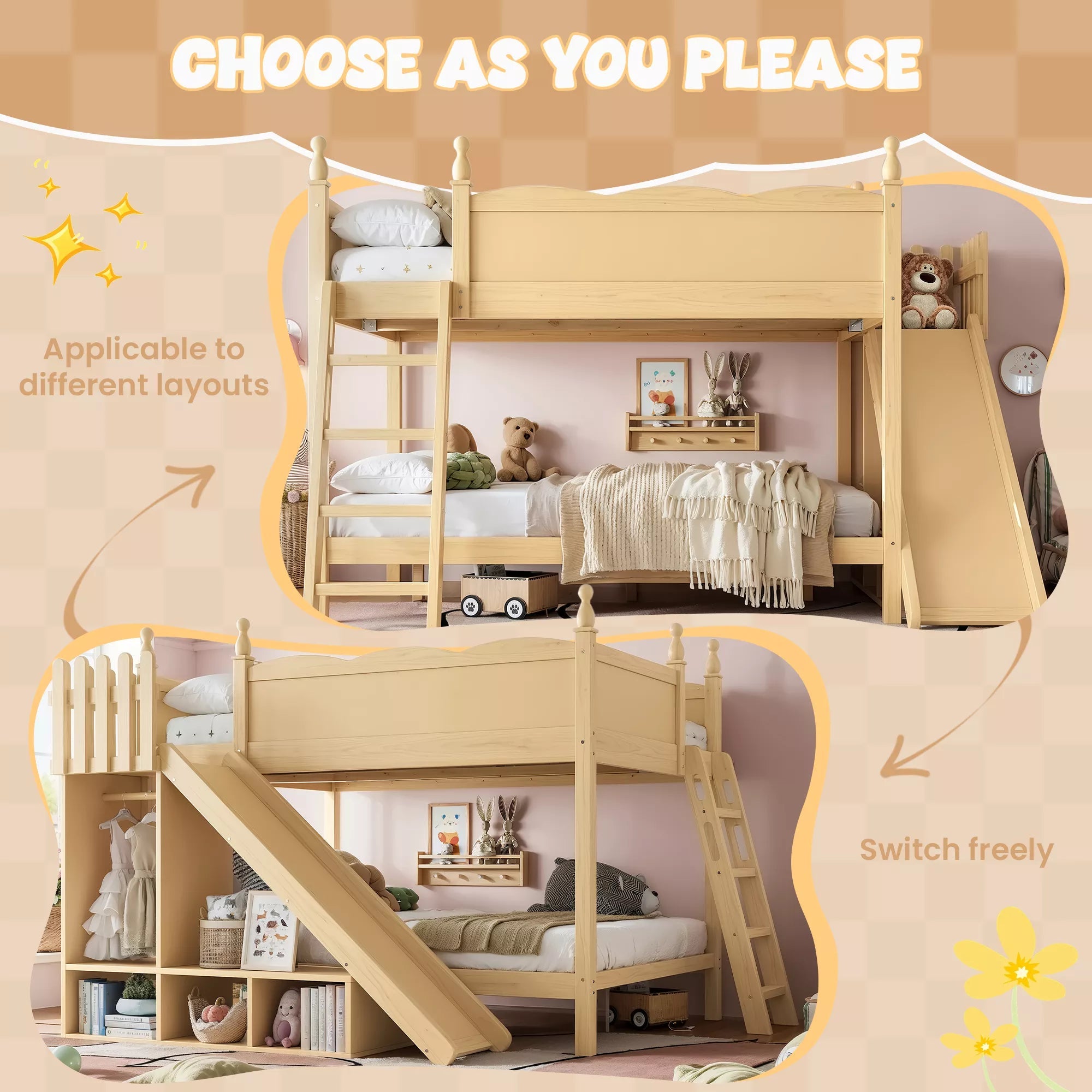 Bellemave® Full over Full Bunk Bed with Storage Shelves,Solid Wood Bed with Slide & Ladders, Low Profile Design Bellemave®