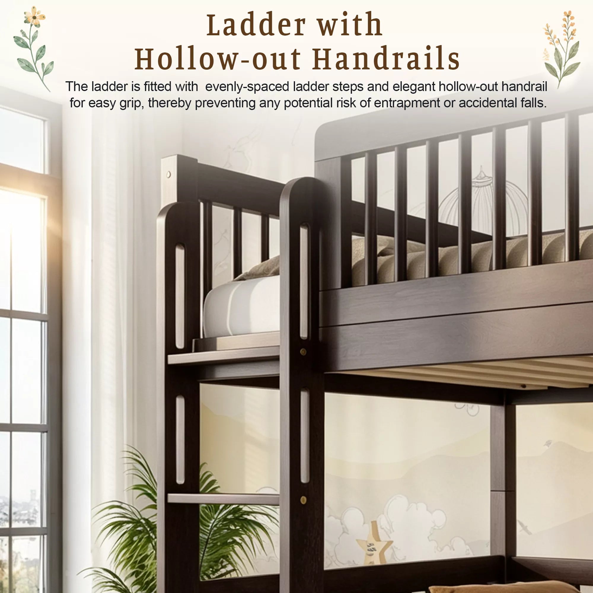 Pine wood bunk bed with ladder and hollow-out handrails