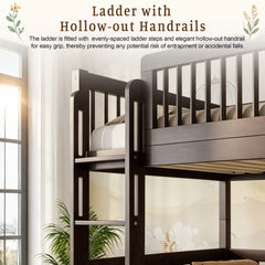 Pine wood bunk bed with ladder and hollow-out handrails