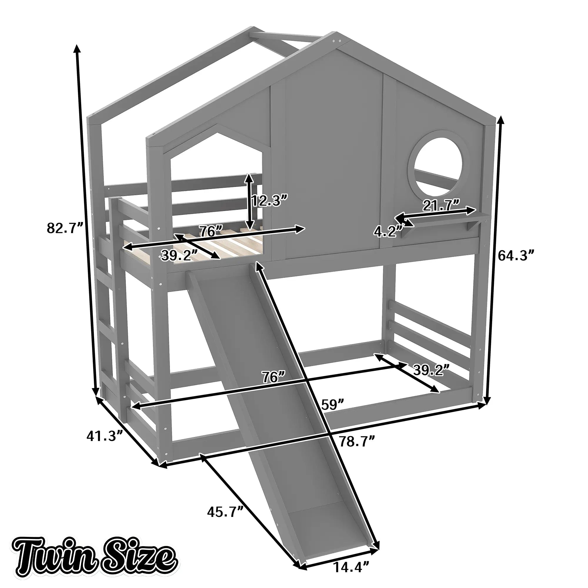 Bellemave® Twin Size House Bunk Bed with Slide and Storage Shelf, Twin Floor Bunk Beds Frame with Safety Guardrails for Kids Girls Boys, Grey Bellemave®