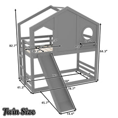 Bellemave® Twin Size House Bunk Bed with Slide and Storage Shelf, Twin Floor Bunk Beds Frame with Safety Guardrails for Kids Girls Boys, Grey Bellemave®