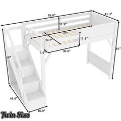 Bellemave® Twin Loft Bed with Storage Stairs and Built-in Wardrobe and Bedside Shelves, Wood Loft Bed for Kids, Teens, Adults, Gray Bellemave®