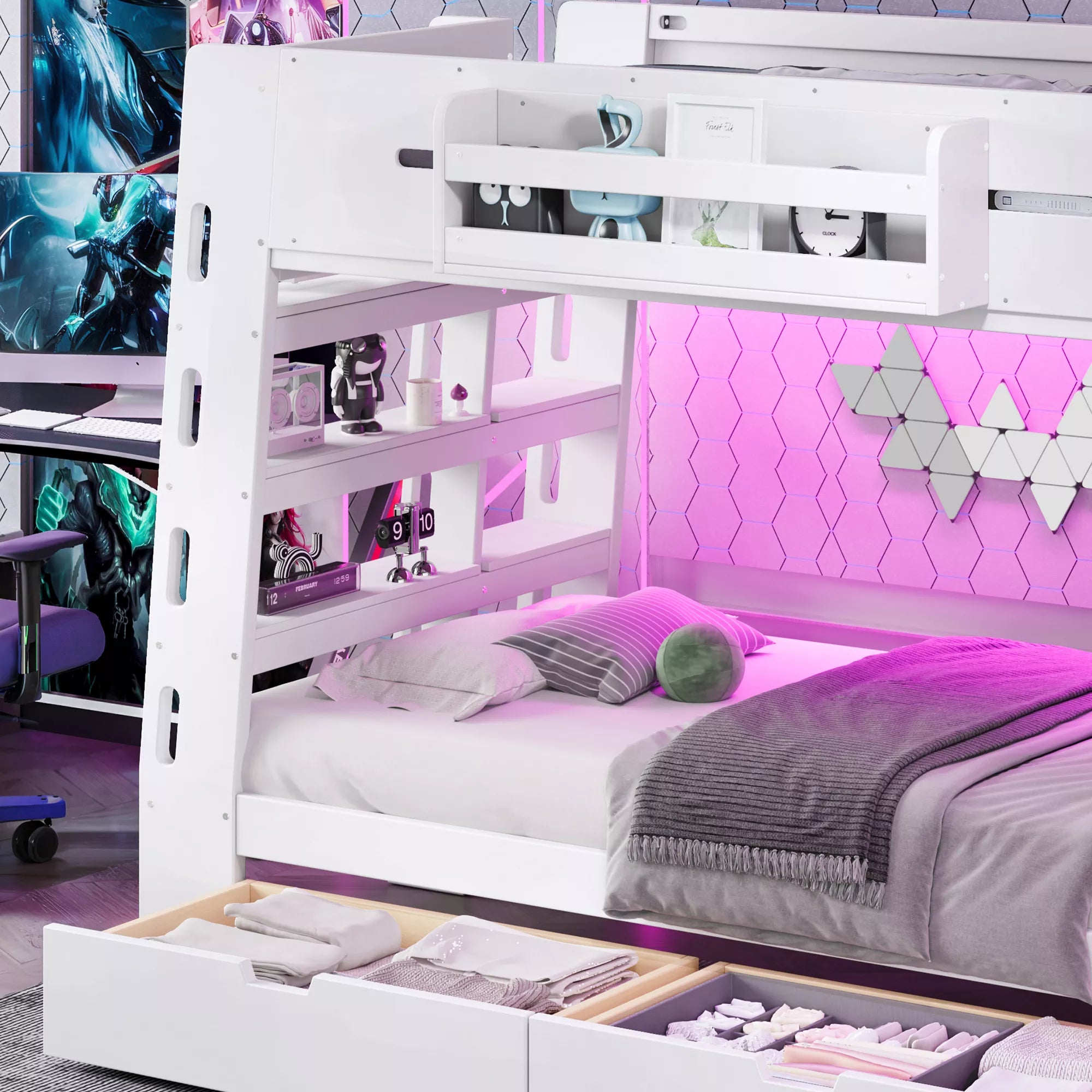 space saving bunk bed with LED lights and storage shelves
