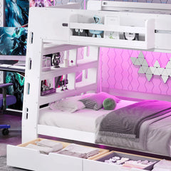 space saving bunk bed with LED lights and storage shelves