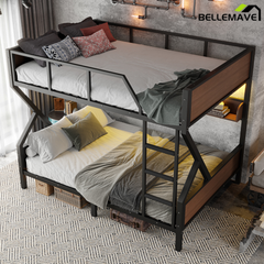 Bellemave® Twin XL Over Queen Bunk Bed with Storage Shelves and LED Lights, Metal Bunk Beds with Ladders, Black