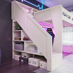 gaming loft bed with storage stairs and built-in desk