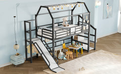 Bellemave® House Loft Bed Full Size, Full Size Loft Bed with Storage Stairs,Open Wardrobe and Slide,Black