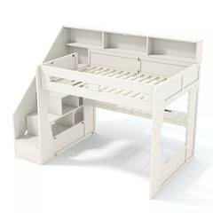 elevated loft bed with storage stairs and desk