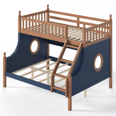 Angled view of the wooden bunk bed staircase, upper guardrails, and slatted bed frames