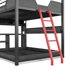 Red ladder detail on house shaped metal gaming bunk bed frame