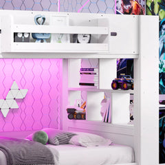 white bunk bed with LED lights and bookcase headboard