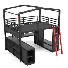 Metal House Loft Bed with Ladder and Storage Shelf