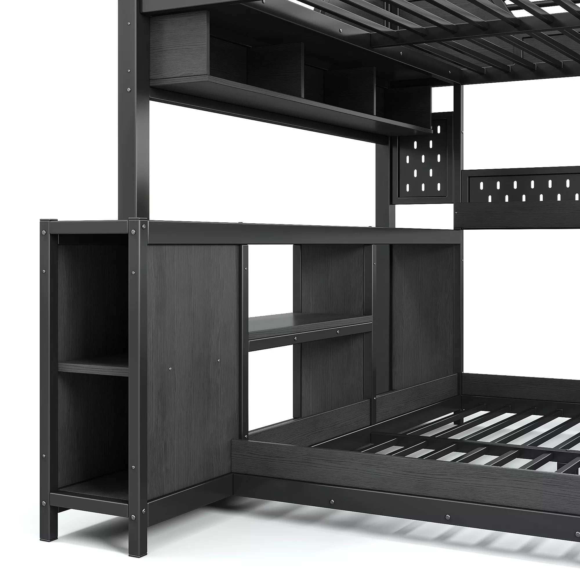 Built in storage shelves and desk under metal gaming bunk bed