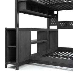 Built in storage shelves and desk under metal gaming bunk bed