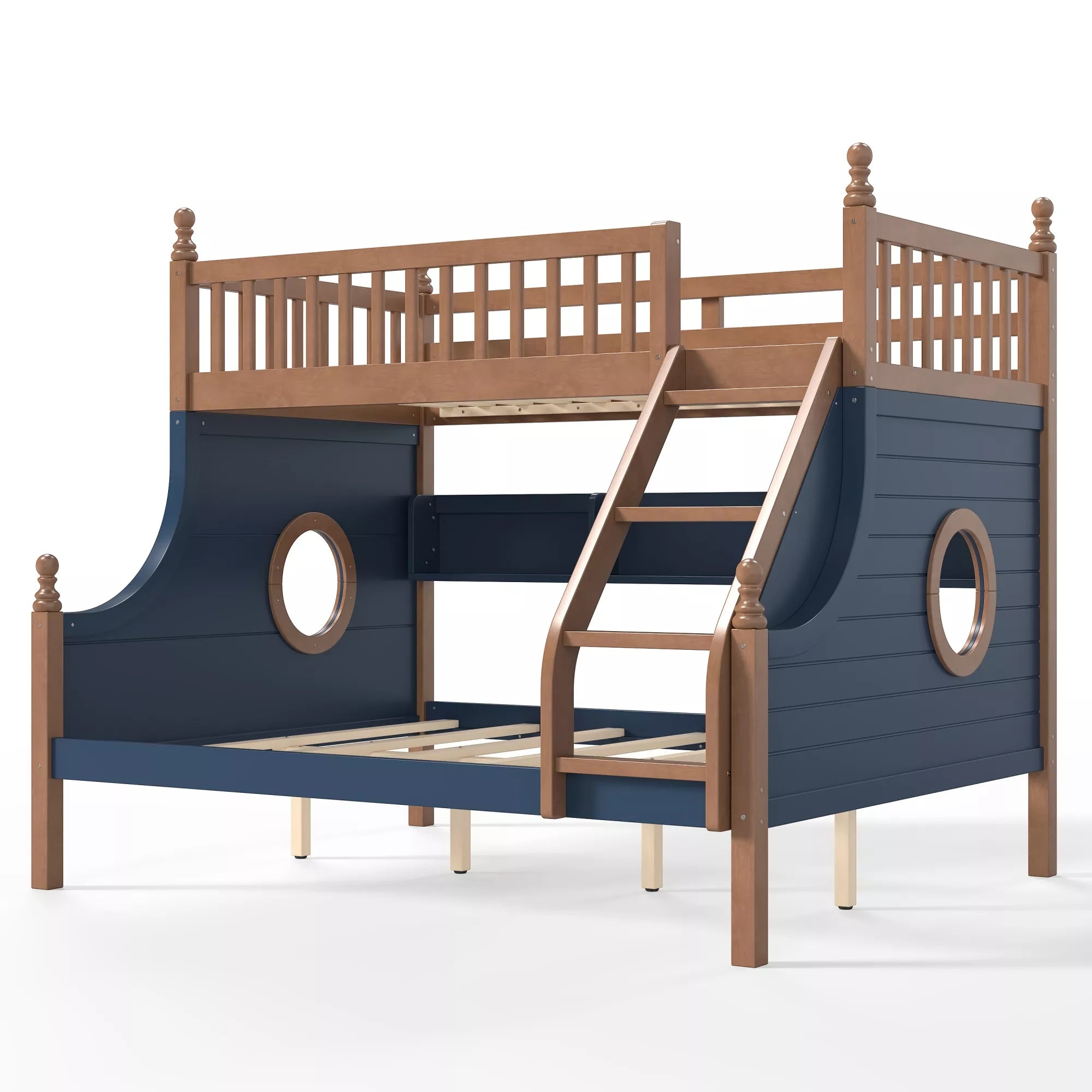 Side view of a wooden bunk bed with staircase and round porthole windows