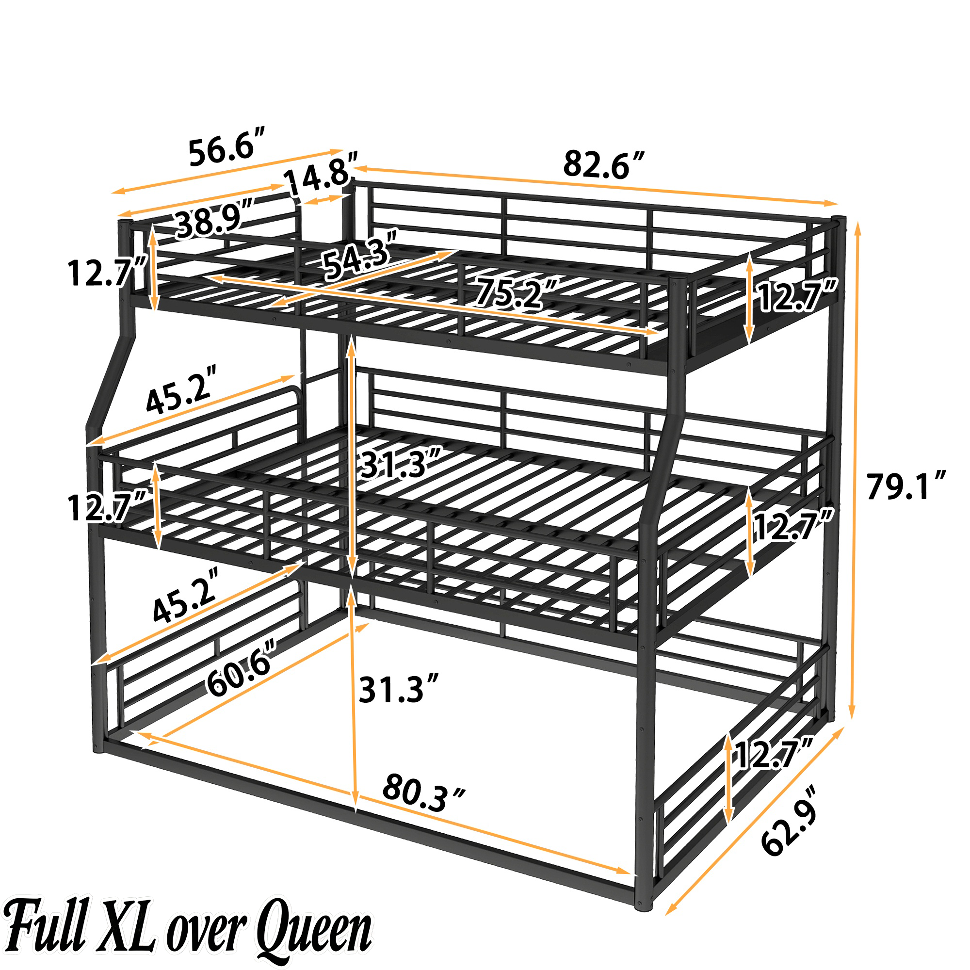 Bellemave® Full XL over Queen over Queen Size Triple Bunk Bed with Storage Board Bellemave®