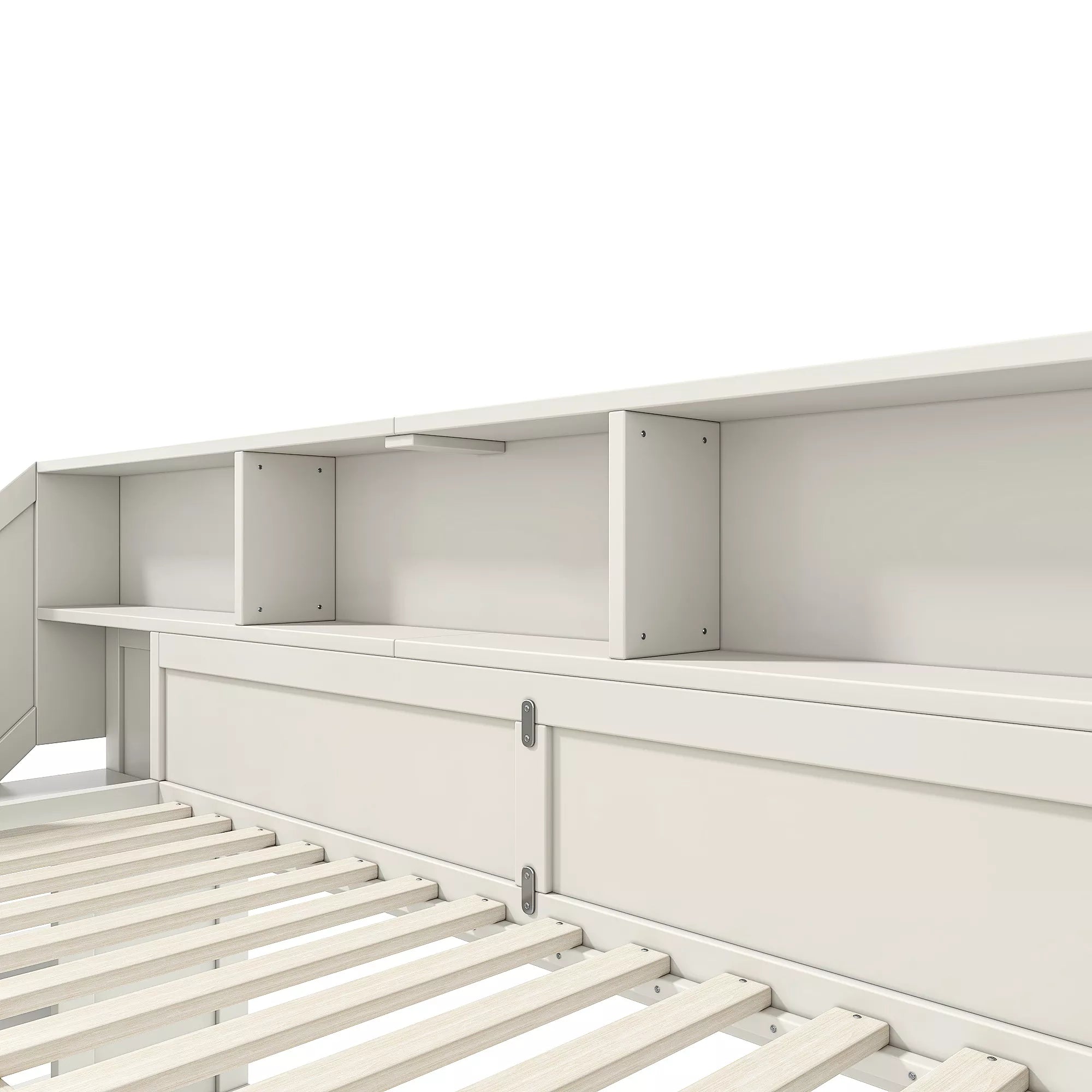 loft bed with open headboard shelves