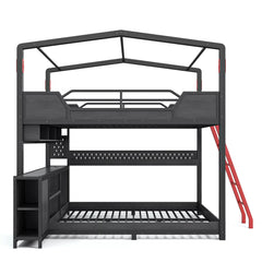 Front view of black house shaped bunk bed with desk and storage shelves