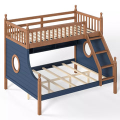 Wooden bunk bed with staircase, round porthole windows, and slatted bed supports