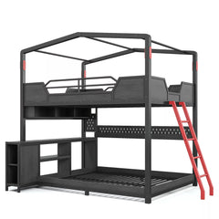 Full size metal gaming bunk bed with ladder, guardrails and storage shelves