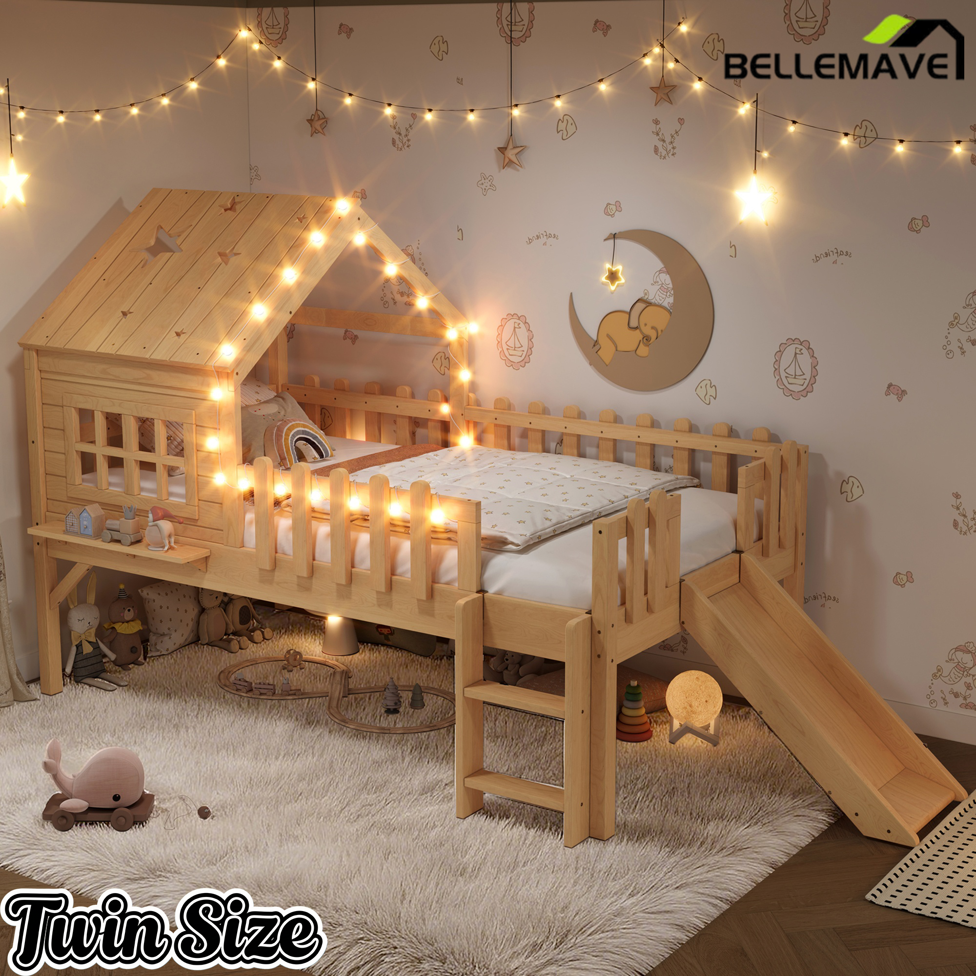 Bellemave® Full Size Kids Low Loft Bed with Slide,House Loft Bed with LED Lights and Ladder,Solid Wood Girls Loft Bed Frame with Safety Guardrails for Girls Boys,Natural Bellemave®