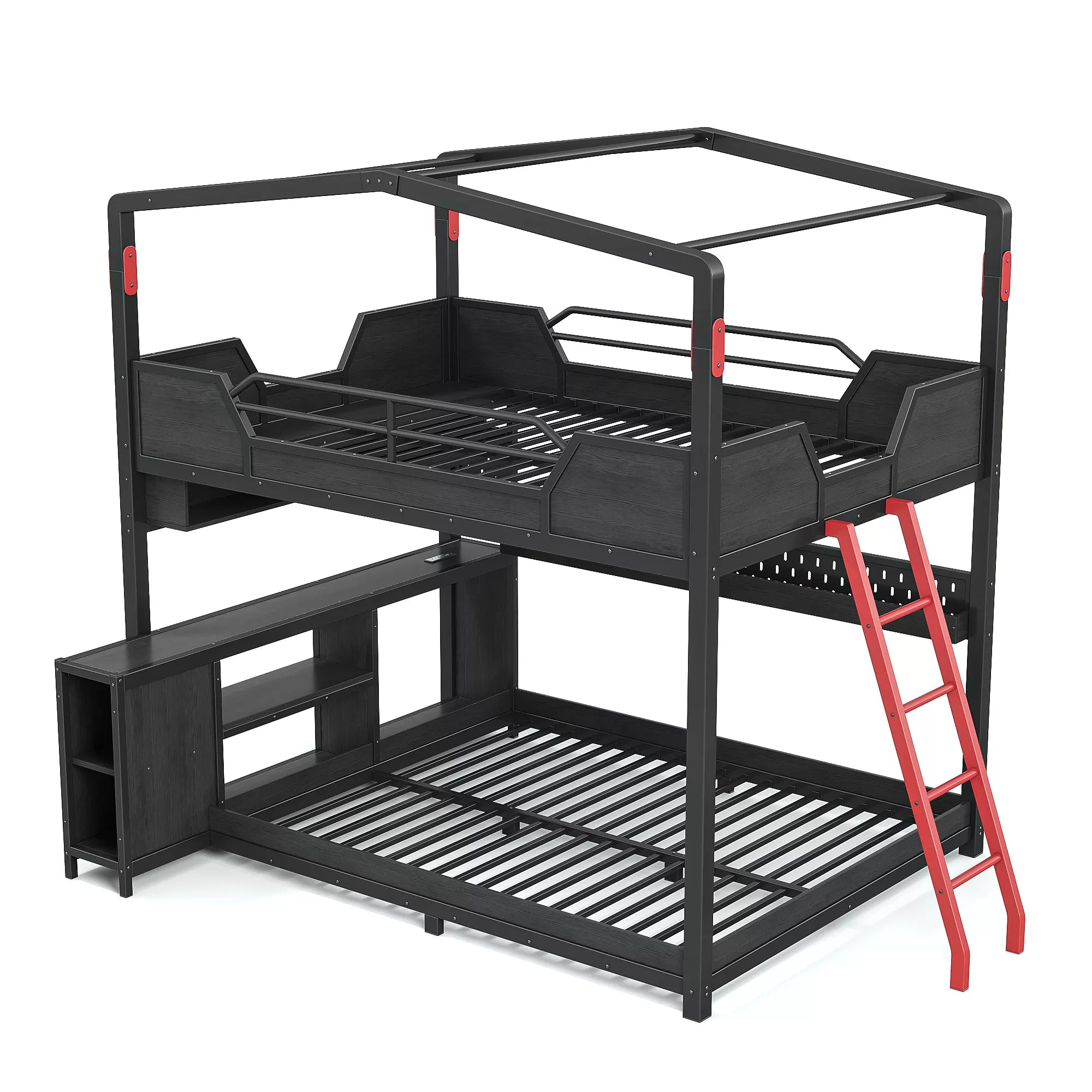 House shaped metal bunk bed frame with workspace and storage shelves