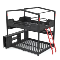 House shaped metal bunk bed frame with workspace and storage shelves