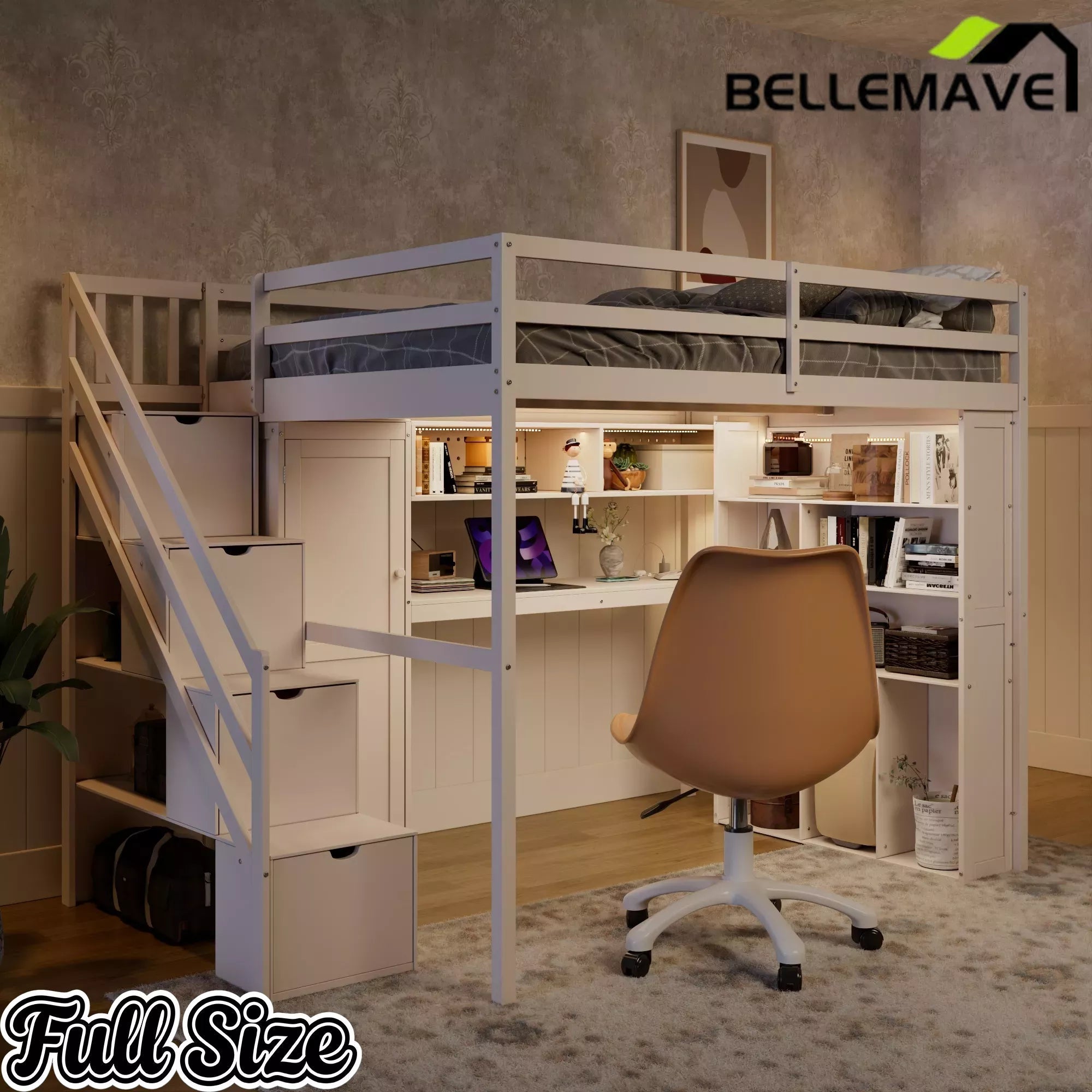 Bellemave® Full Size Loft Bed Built-in Wardrobe, Study Desk, Storage Shelves & LED Lights, Wood Loft Bed Frame for Bedroom Bellemave®