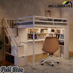 Bellemave® Full Size Loft Bed Built-in Wardrobe, Study Desk, Storage Shelves & LED Lights, Wood Loft Bed Frame for Bedroom Bellemave®