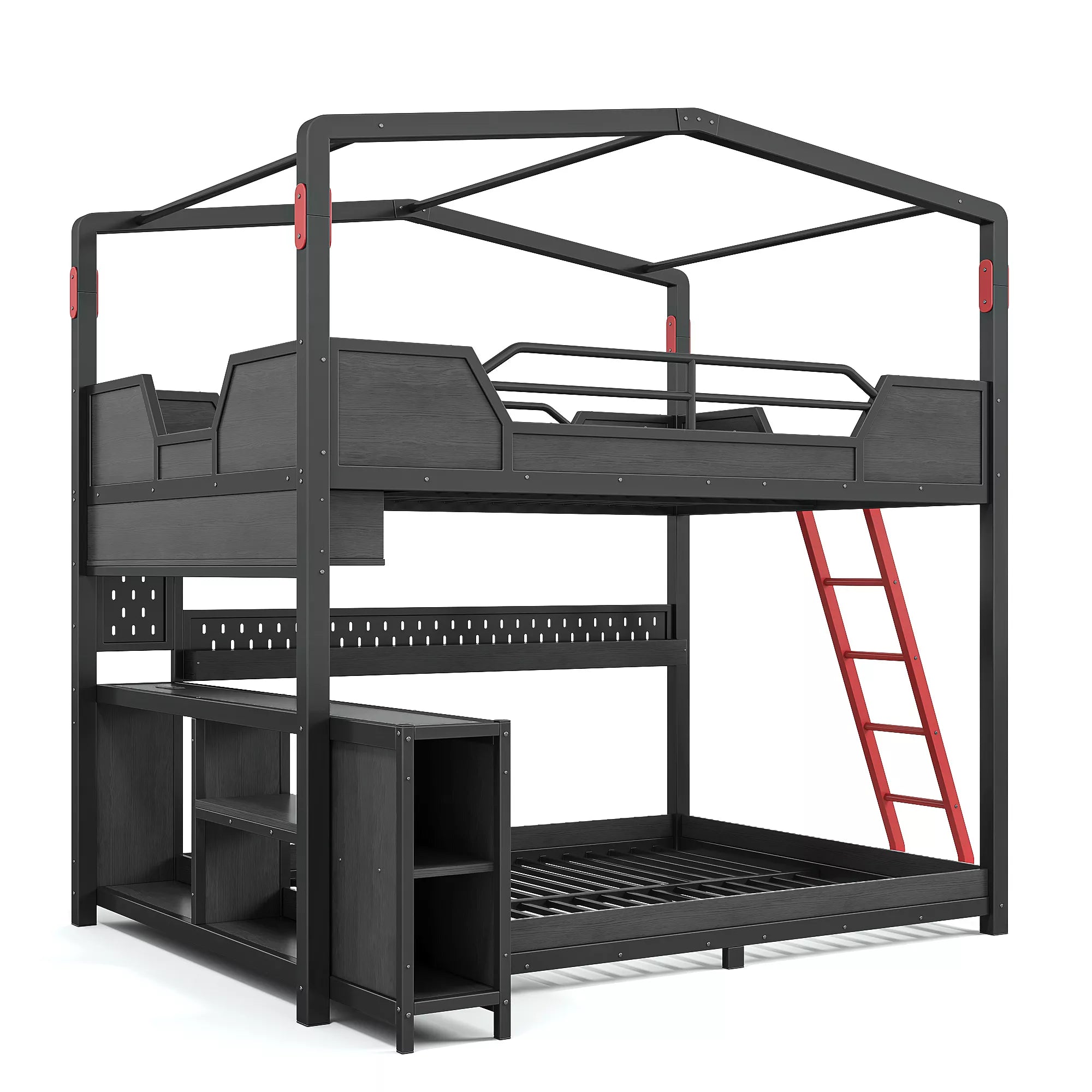Space saving gaming bunk bed with desk, shelves and ladder