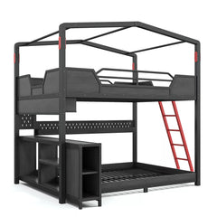 Space saving gaming bunk bed with desk, shelves and ladder
