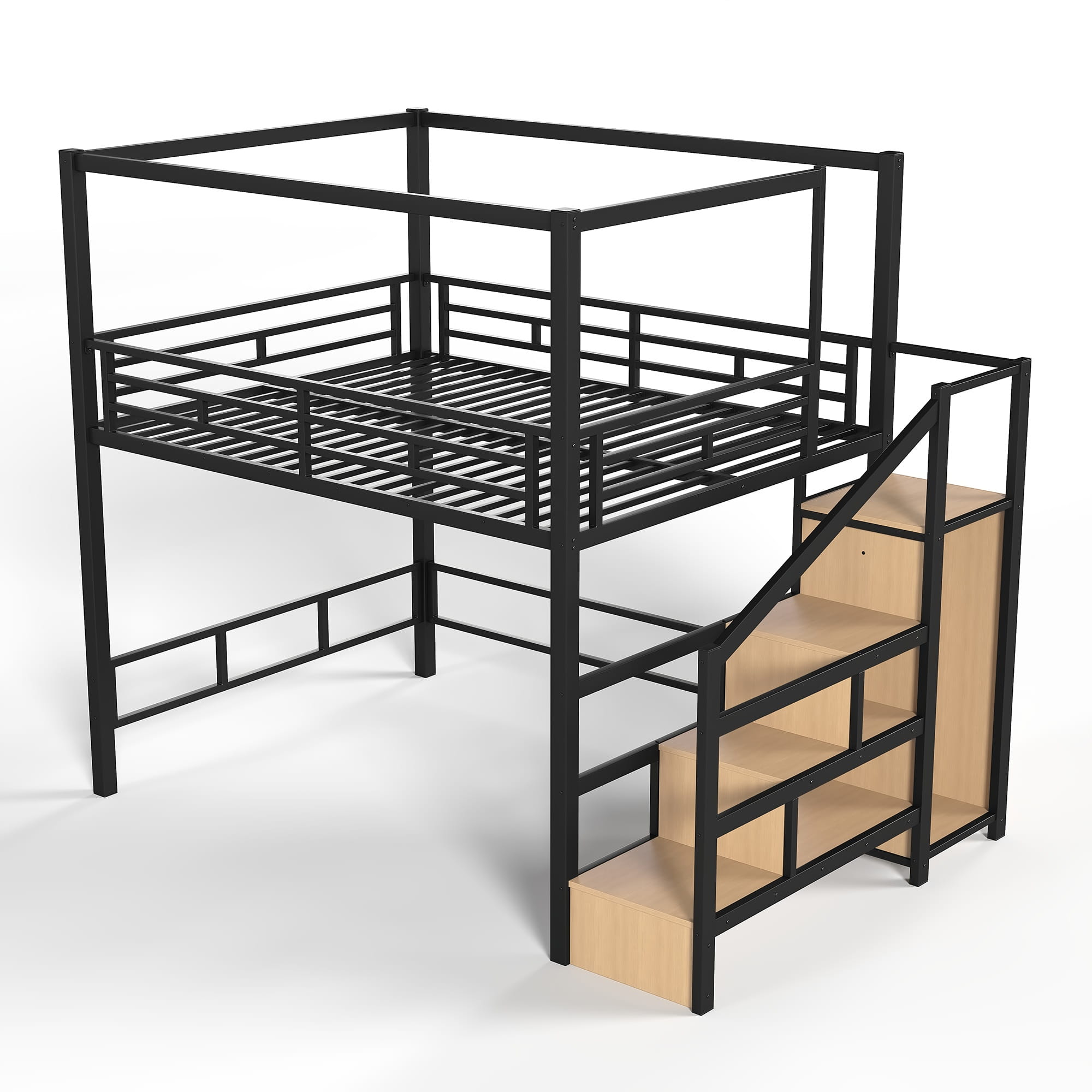 Bellemave® Loft Bed with Storage Stairs, Wardrobe, Canopy Support Pole, Metal Loft Bed Frame for Adults, Kids & Teens, Canopy can be Disassembled, Black+Natural Wood Bellemave®