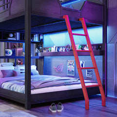Gaming bunk bed with LED lights, desk and storage shelves in bedroom setting