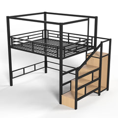 Bellemave® Loft Bed with Storage Stairs, Wardrobe, Canopy Support Pole, Metal Loft Bed Frame for Adults, Kids & Teens, Canopy can be Disassembled, Black+Natural Wood Bellemave®