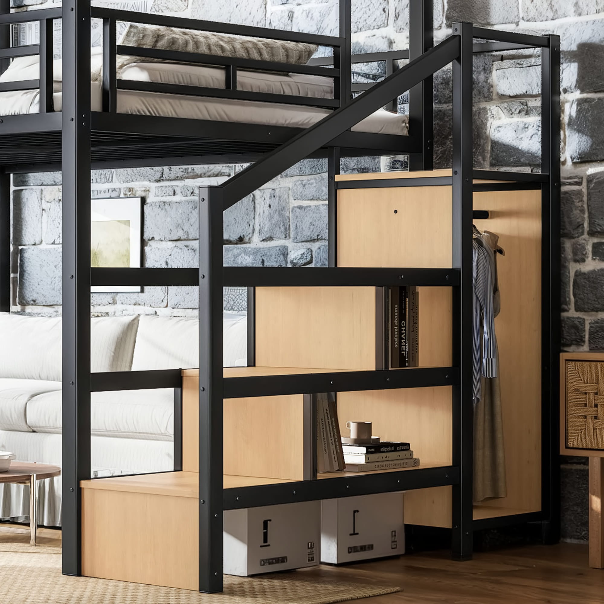 Bellemave® Loft Bed with Storage Stairs, Wardrobe, Canopy Support Pole, Metal Loft Bed Frame for Adults, Kids & Teens, Canopy can be Disassembled, Black+Natural Wood Bellemave®