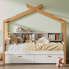 Bellemave® Wooden House Bed Original Wood Color Frame with Two Drawers and Bookshelf Storage Space