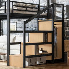 Bellemave® Loft Bed with Storage Stairs, Wardrobe, Canopy Support Pole, Metal Loft Bed Frame for Adults, Kids & Teens, Canopy can be Disassembled, Black+Natural Wood Bellemave®