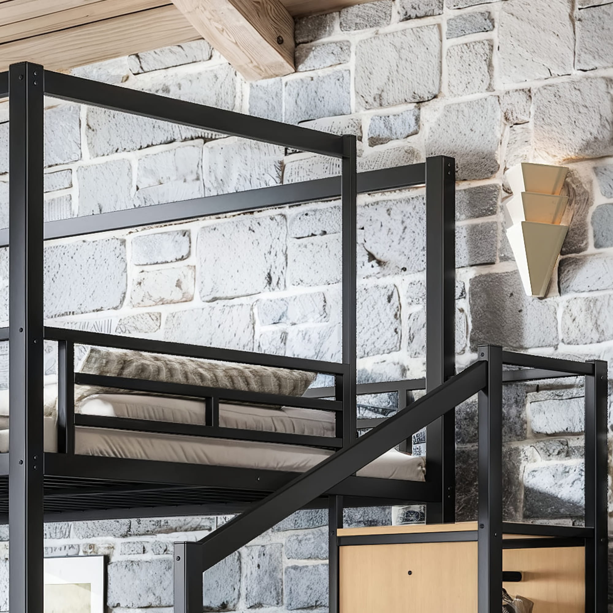 Bellemave® Loft Bed with Storage Stairs, Wardrobe, Canopy Support Pole, Metal Loft Bed Frame for Adults, Kids & Teens, Canopy can be Disassembled, Black+Natural Wood Bellemave®