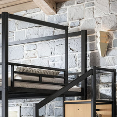 Bellemave® Loft Bed with Storage Stairs, Wardrobe, Canopy Support Pole, Metal Loft Bed Frame for Adults, Kids & Teens, Canopy can be Disassembled, Black+Natural Wood Bellemave®