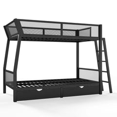 Black metal bunk bed with angled frame, mesh upper guardrails, and two under-bed drawers