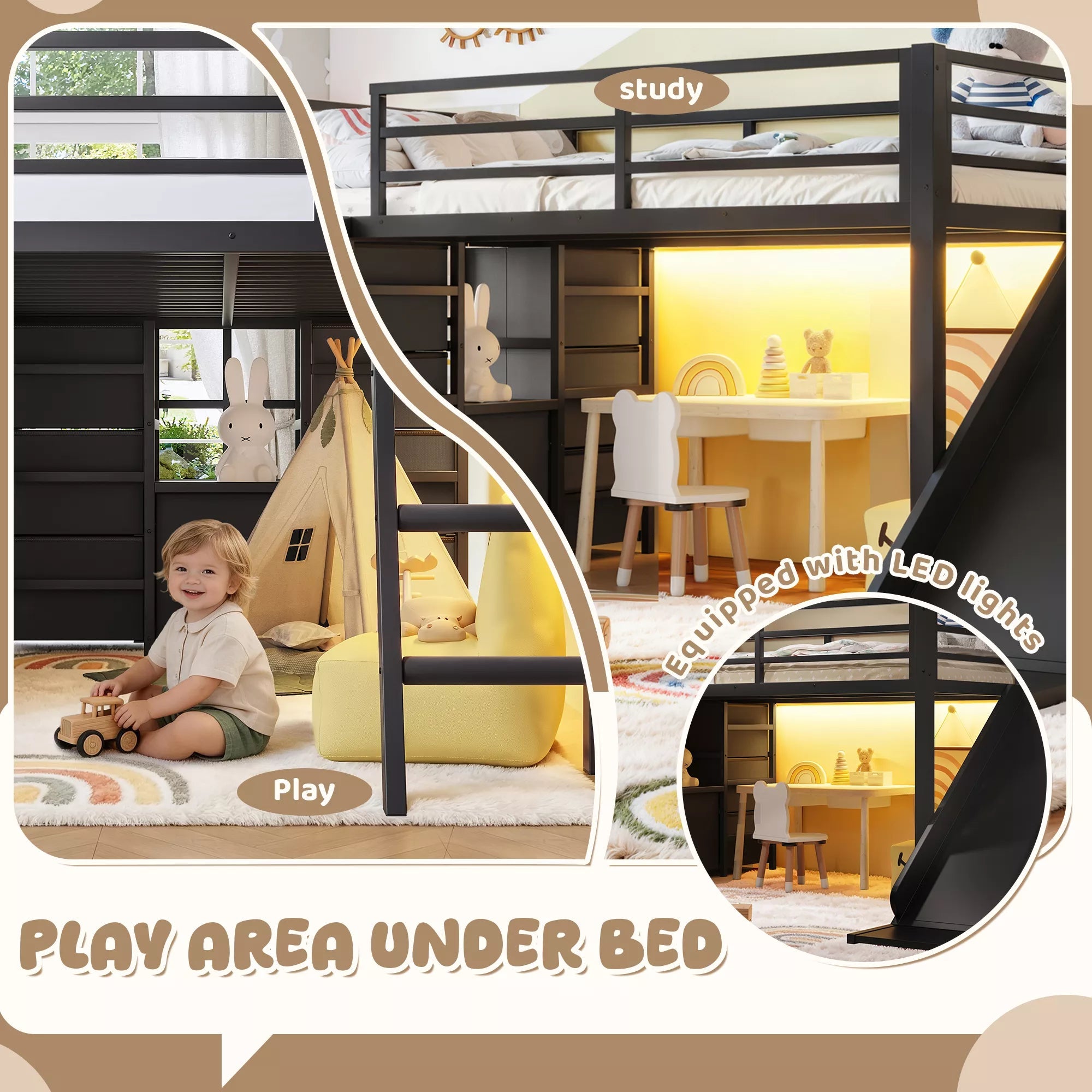 Bellemave® Twin Metal Loft Bed with Slide, 7 Drawers & LED Lights — Storage Shelves & Hanging Area for Kids Bellemave®