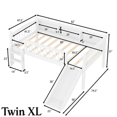 Bellemave® Low Loft Bed with Storage Shelves, Twin XL Solid Wood Loft Bed with LED Lights and Full-Length Rails, for Kids, Boys, Girls, Teens, Save Space,Easy Assemble(Twin XL,White)