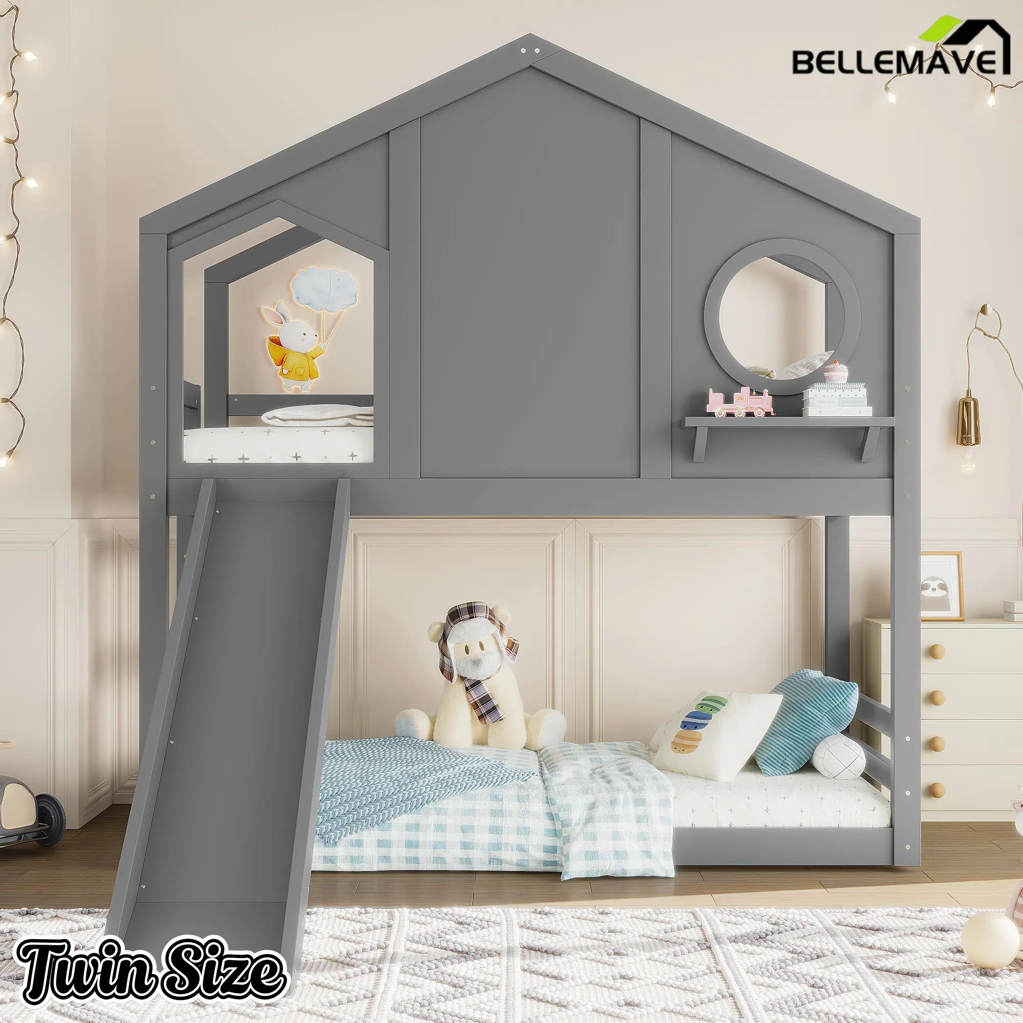 Bellemave® Twin Size House Bunk Bed with Slide and Storage Shelf, Twin Floor Bunk Beds Frame with Safety Guardrails for Kids Girls Boys, Grey Bellemave®