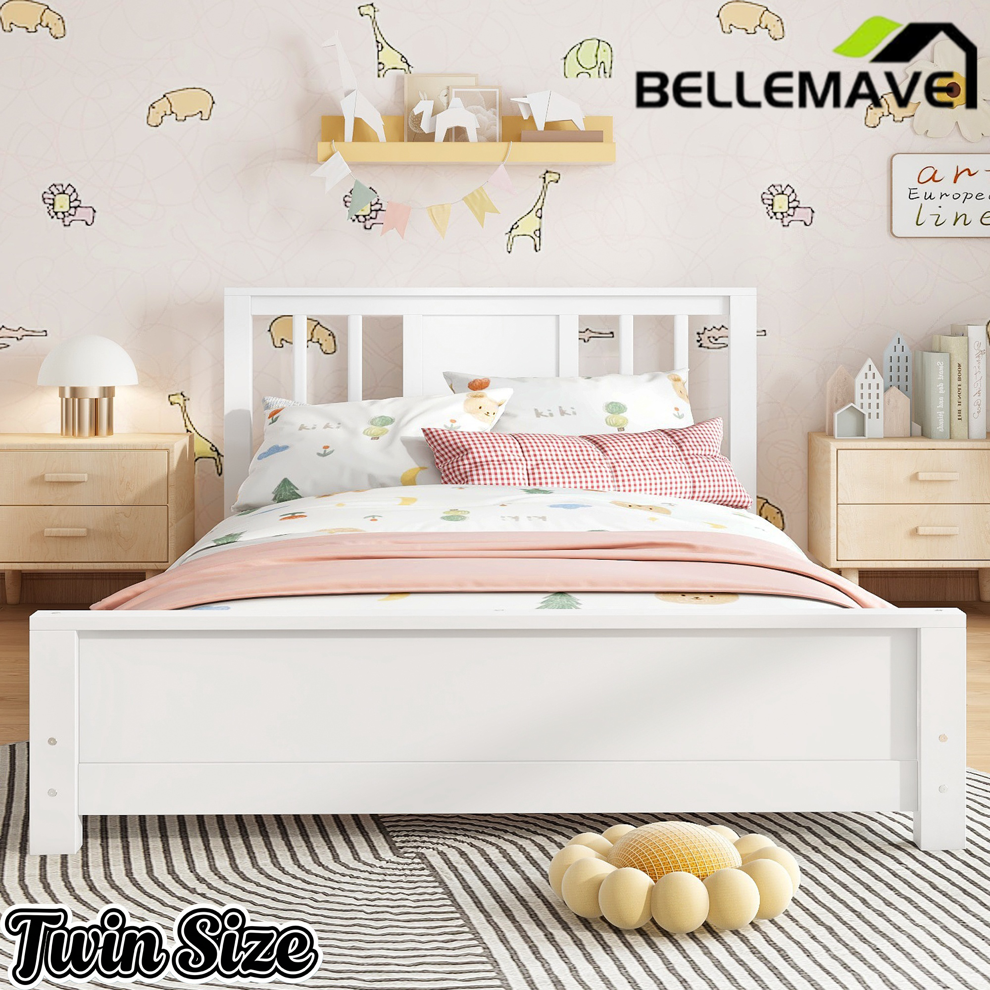 Bellemave® Twin Size Low Profile Platform Bed with Chic Headboard, Wood Bed Frame with Support Slats for Kids Bellemave®