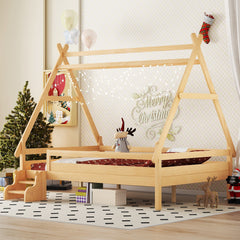 Bellemave® Full Size House Bed with Stairs, Solid Wood Low Profile Platform Bed Frame, Spacious Playhouse Design for Kids, Natural Finish