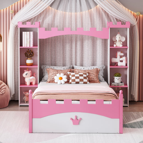 Bellemave® Twin Size Castle-Shaped Wooden Platform Bed with Storage Shelf