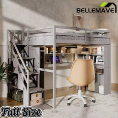 Bellemave® Full Size Loft Bed Built-in Wardrobe, Study Desk, Storage Shelves & LED Lights, Wood Loft Bed Frame for Bedroom Bellemave®