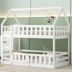 Bellemave Twin Size House Bunk Bed with Fence and Door Bellemave